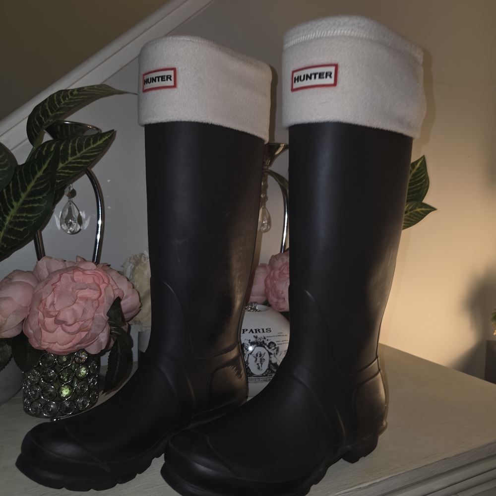 Hunter Black and White Tall Rain Boots